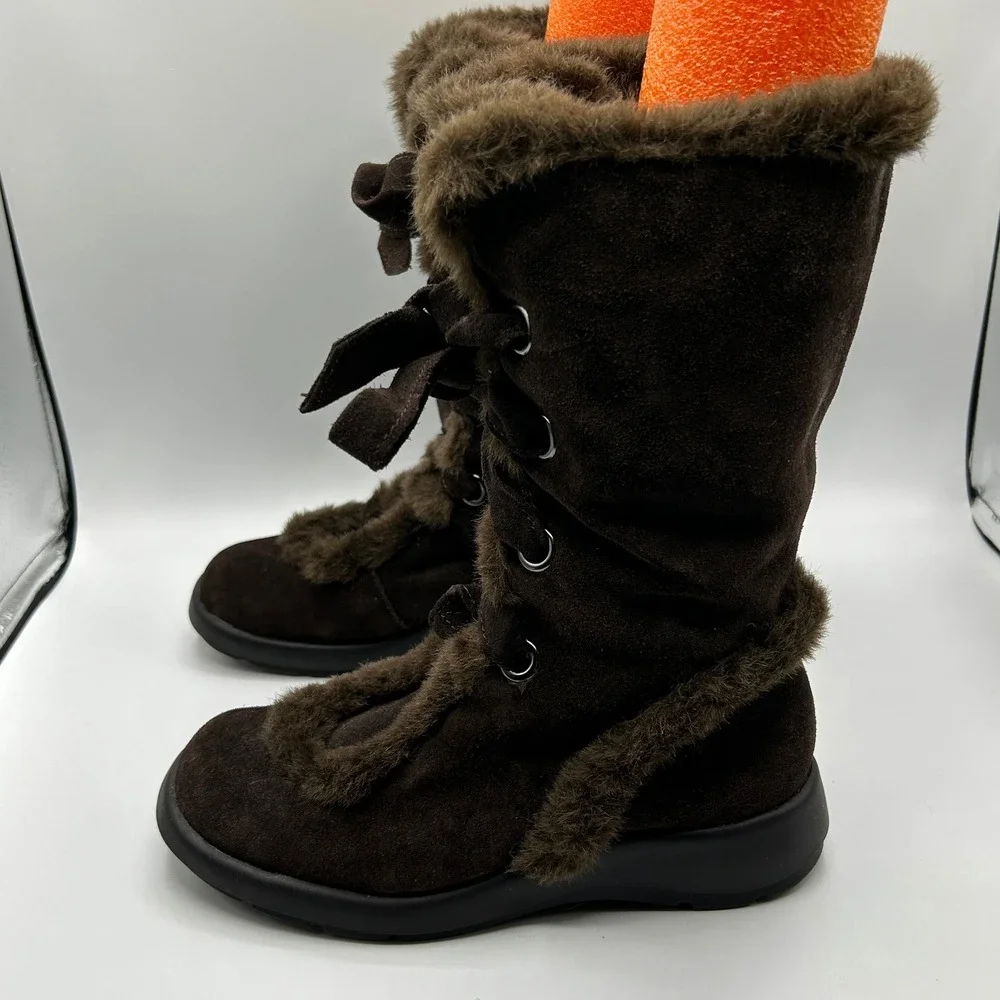 Aerosoles Brown Suede Faux Fur Trim Lace Up Mid Calf Winter Boots 5.5 Neutral